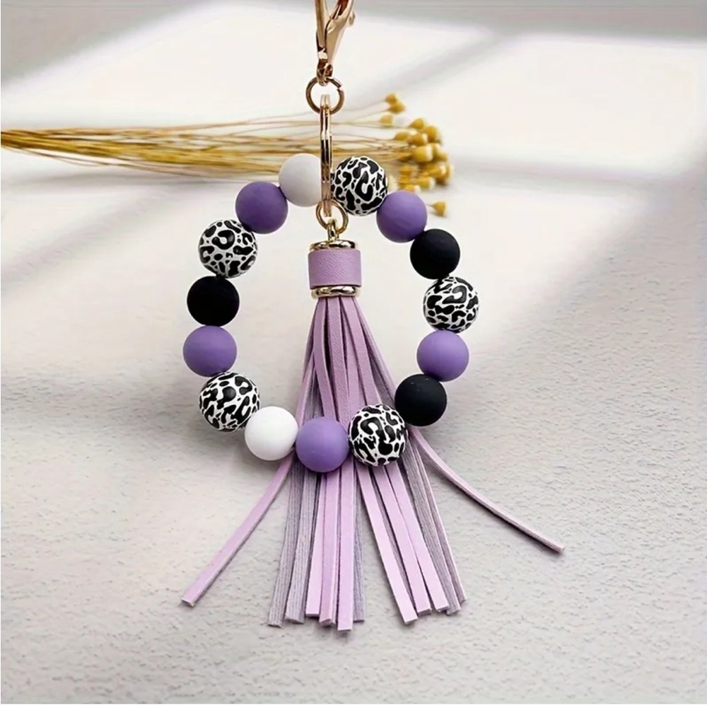 Purple and Black Beaded Keychain with Tassel